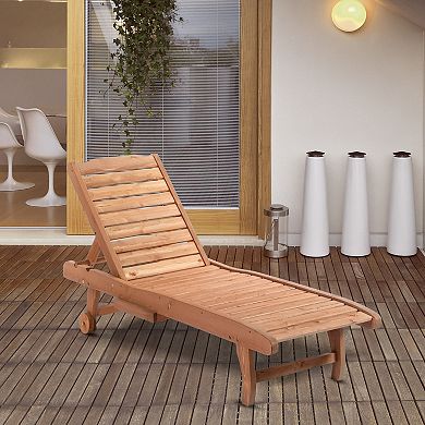 Wood Chaise Lounge Adjustable Recliner Lawn Sunbath Pullout Tray W/2 Wheels