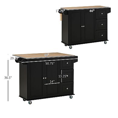HOMCOM Mobile Kitchen Island Storage Trolley Cart on Wheels with Dropleaf Top Towel/Spice Rack 3 Drawers 2 Door Cabinet Black