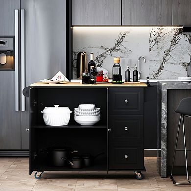 HOMCOM Mobile Kitchen Island Storage Trolley Cart on Wheels with Dropleaf Top Towel/Spice Rack 3 Drawers 2 Door Cabinet Black