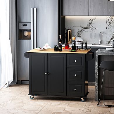 HOMCOM Mobile Kitchen Island Storage Trolley Cart on Wheels with Dropleaf Top Towel/Spice Rack 3 Drawers 2 Door Cabinet Black
