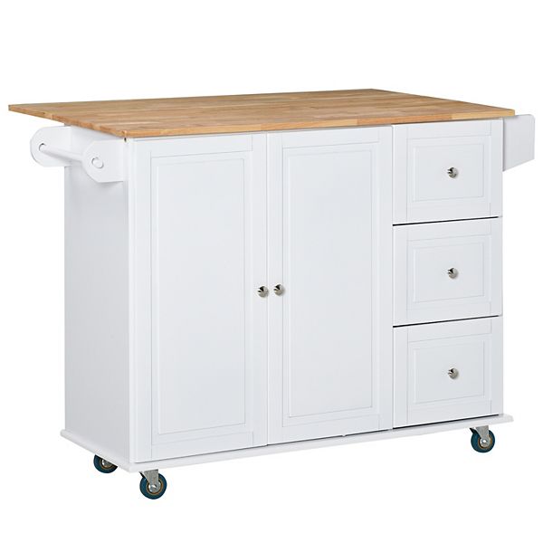 HOMCOM White Rolling Island Kitchen Cart with 3-Drawers, Cabient and ...