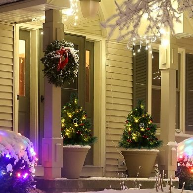 HOMCOM 22 in Christmas Tree 2 Pack Outdoor Pre Lit Artificial Pine Cordless with 24 Warm White Lights and Stakes