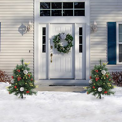 2' 2 Pcs Artificial Evergreen Tree Pre-lit Christmas Cordless With Ornament