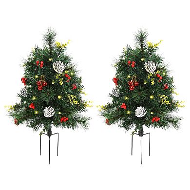 HOMCOM 22 in Christmas Tree 2 Pack Outdoor Pre Lit Artificial Pine Cordless with 24 Warm White Lights and Stakes