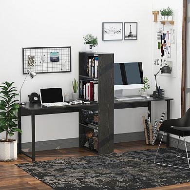 HOMCOM 88" Extra Long 2 Person Computer Desk with Storage Shelves Combo Double Workstation Storage Study Writing Table for Home Office Bookshelf Black