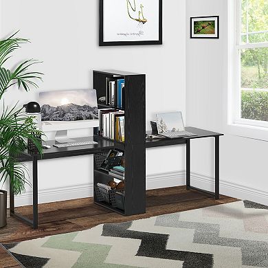 HOMCOM 88" Extra Long 2 Person Computer Desk with Storage Shelves Combo Double Workstation Storage Study Writing Table for Home Office Bookshelf Black