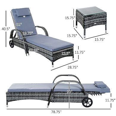 3pc Outdoor Set, 2 Reclining Chairs, Cushions, Wheels, Side Table, Pe Wicker