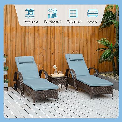 3pc Outdoor Set, 2 Reclining Chairs, Cushions, Wheels, Side Table, Pe Wicker