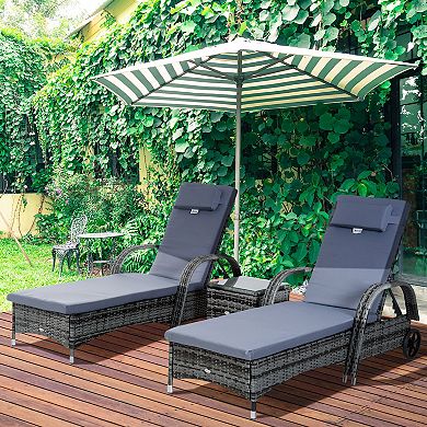 3pc Outdoor Set, 2 Reclining Chairs, Cushions, Wheels, Side Table, Pe Wicker