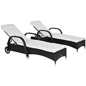 3 pc Outdoor Set, 2 Reclining Chairs, Cushions, Wheels, Side Table, Pe Wicker