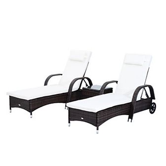3 pc Outdoor Set, 2 Reclining Chairs, Cushions, Wheels, Side Table, Pe Wicker
