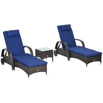 Outsunny Pool Furniture, 2 Lounge Chairs & Table, Wheels, Cushioned