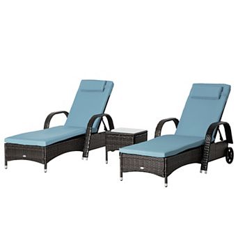 3 pc Outdoor Set, 2 Reclining Chairs, Cushions, Wheels, Side Table, Pe Wicker