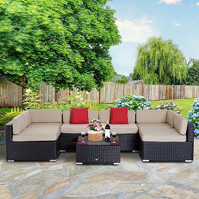 Outsunny 7 PCS PE Rattan Outdoor Conversation Sofa Set Sectional  Patio Furniture sets w/ 6 Cushioned Seat and 1 Tempered Glass Topped Coffee Table Beige
