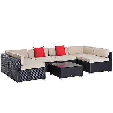 Outsunny 7 PCS PE Rattan Outdoor Conversation Sofa Set Sectional  Patio Furniture sets w/ 6 Cushioned Seat and 1 Tempered Glass Topped Coffee Table Beige