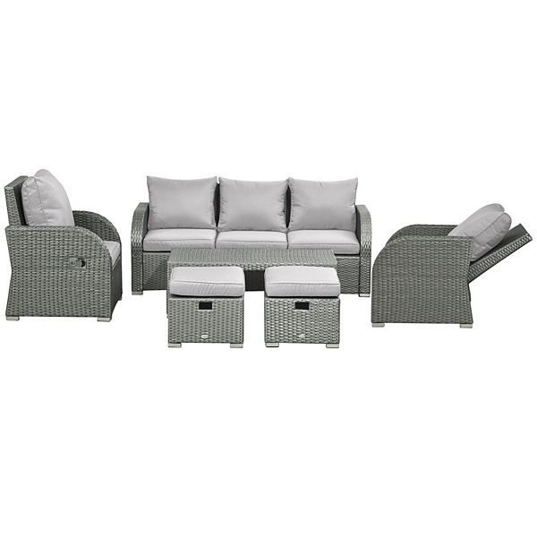 Outsunny 6 Piece Outdoor Rattan Patio Sectional Sofa Set with 3 Seat Couch  2 Recliners 2 Ottoman Footrests and Coffee Table Conversation Set Grey
