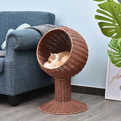PawHut 27" Hooded Rattan Wicker Round Elevated Condo Cat Bed with an Elegant Design and Included Cushion   Coffee