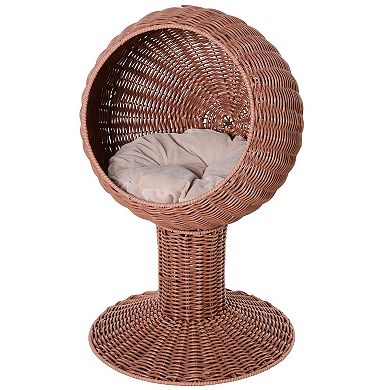 PawHut 27" Hooded Rattan Wicker Round Elevated Condo Cat Bed with an Elegant Design and Included Cushion   Coffee