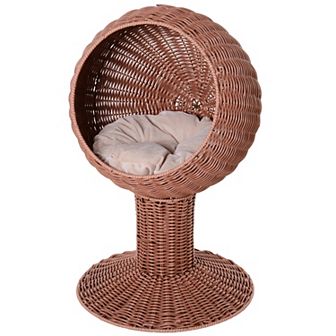 PawHut 27" Hooded Rattan Wicker Round Elevated Condo Cat Bed with an Elegant Design and Included Cushion  Coffee