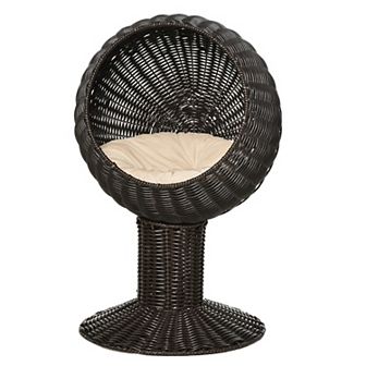 PawHut 27" Hooded Rattan Wicker Round Elevated Condo Cat Bed with an Elegant Design and Included Cushion  Coffee