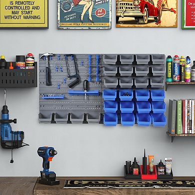 DURHAND 44 Piece Wall Mounted Pegboard Tool Organizer Rack Kit with Various Sized Storage Bins Pegboard and Hooks Blue