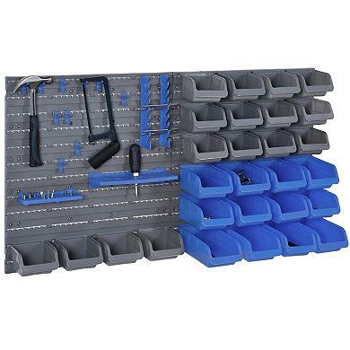 DURHAND 44 Piece Wall Mounted Pegboard Tool Organizer Rack Kit with Various Sized Storage Bins Pegboard and Hooks Blue