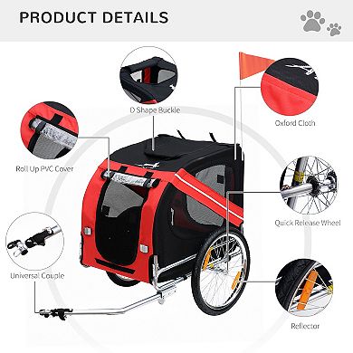 Aosom Dog Bike Trailer Pet Cart Bicycle Wagon Cargo Carrier Attachment for Travel with 3 Entrances Large Wheels for Off-Road & Mesh Screen - Red/ Black
