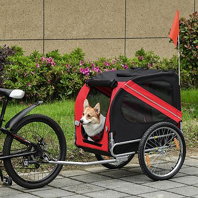 Aosom Dog Bike Trailer Pet Cart Bicycle Wagon Cargo Carrier Attachment for Travel with 3 Entrances Large Wheels for Off-Road & Mesh Screen - Red/ Black