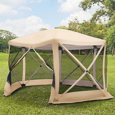 Outsunny 6 Sided Hexagon Pop Up Party Tent Gazebo with Mesh Netting Walls and Shaded Interior 12' x 12' Flower