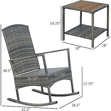 Outsunny 3 Pieces Outdoor PE Rattan Rocking Chair Set Patio Wicker Recliner Rocker Chair with Soft Cushion and Nature Wood Top Coffee Table for Garden Backyard Porch Blue
