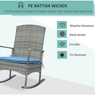 Outsunny 3 Pieces Outdoor PE Rattan Rocking Chair Set Patio Wicker Recliner Rocker Chair with Soft Cushion and Nature Wood Top Coffee Table for Garden Backyard Porch Blue