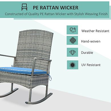 Outsunny 3 Pieces Outdoor PE Rattan Rocking Chair Set Patio Wicker Recliner Rocker Chair with Soft Cushion and Nature Wood Top Coffee Table for Garden Backyard Porch Blue