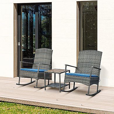 Outsunny 3 Pieces Outdoor PE Rattan Rocking Chair Set Patio Wicker Recliner Rocker Chair with Soft Cushion and Nature Wood Top Coffee Table for Garden Backyard Porch Blue
