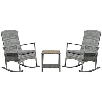 3 pc Outdoor Wicker Rocking Chair Set, Pe Rattan, 2 tier Table, Wood, Grey