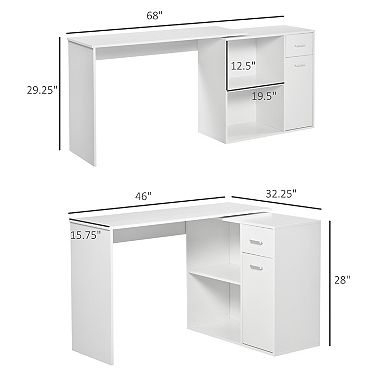 Rotating Home Office L-shaped Corner Desk W/ Storage Drawer Computer Table Black