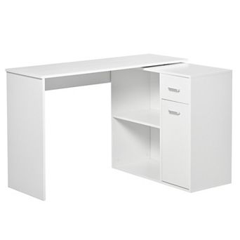 Rotating Home Office L-shaped Corner Desk W/ Storage Drawer Computer Table Black