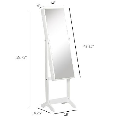 HOMCOM Floor Standing Jewelry Cabinet Lockable Jewelry Organizer with Full Length Mirror and 4 Adjustable Angles White