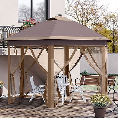 Outsunny 13' x 11' Pop Up Gazebo Tent, Hexagonal Canopy w/ Solar LED Light, Remote Control, Mesh Netting, Height Adjustable, Top Vents and Carrying Bag for Patio Garden Backyard, Beige