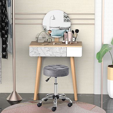 HOMCOM Round Vanity Stool with Height Adjustable Lift Luxury Style Upholstery and Swivel Seat and Wheels Grey