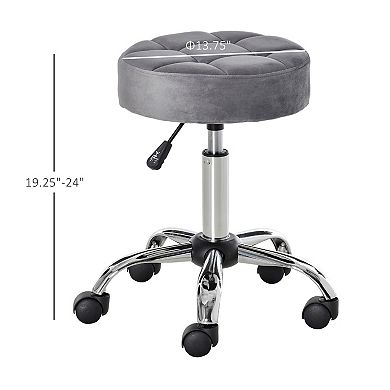HOMCOM Round Vanity Stool with Height Adjustable Lift Luxury Style Upholstery and Swivel Seat and Wheels Grey