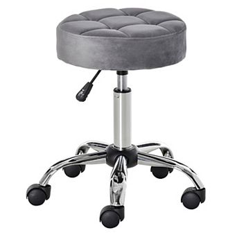 HOMCOM Round Vanity Stool with Height Adjustable Lift Luxury Style Upholstery and Swivel Seat and Wheels Grey