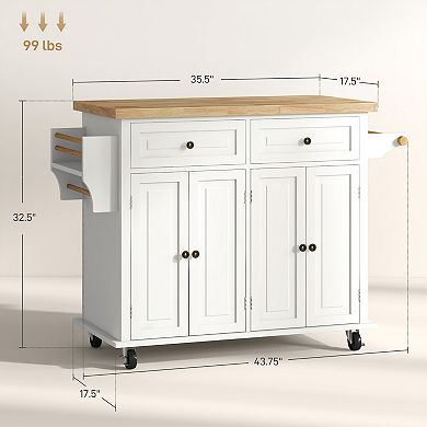 HOMCOM Rolling Kitchen Island Cart on Wheels with Rubber Wood Top Spice Rack Towel Rack and Drawers for Dining Room White