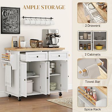 HOMCOM Rolling Kitchen Island Cart on Wheels with Rubber Wood Top Spice Rack Towel Rack and Drawers for Dining Room White