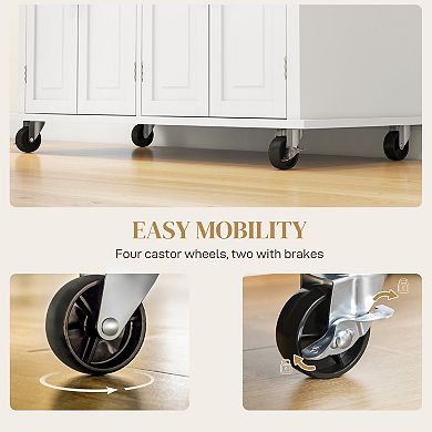 HOMCOM Rolling Kitchen Island Cart on Wheels with Rubber Wood Top Spice Rack Towel Rack and Drawers for Dining Room White