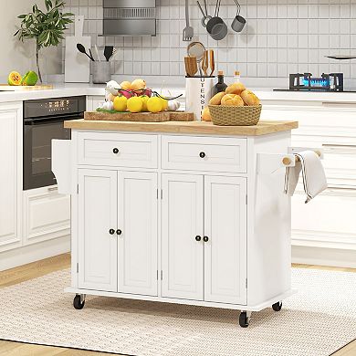 HOMCOM Rolling Kitchen Island Cart on Wheels with Rubber Wood Top Spice Rack Towel Rack and Drawers for Dining Room White