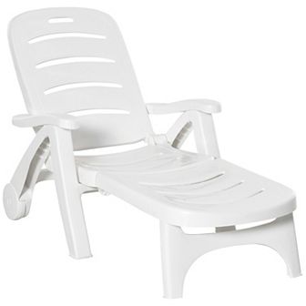 Outsunny Outdoor Folding Chaise Lounge Chair on Wheels, Patio Sun Lounger Recliner & 5-Position Backrest for Garden, Beach, Pool, White
