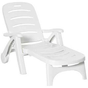 Outsunny Outdoor Folding Chaise Lounge Chair on Wheels, Patio Sun Lounger Recliner & 5-Position Backrest for Garden, Beach, Pool, White
