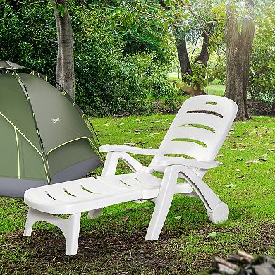 Outsunny Outdoor Folding Chaise Lounge Chair on Wheels, Patio Sun Lounger Recliner & 5-Position Backrest for Garden, Beach, Pool, White