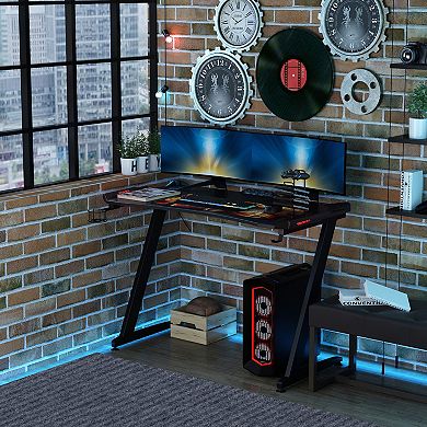 47" Z-shaped Computer Office Gaming Desk W/ Led Lighting Strips & Headphone Hook
