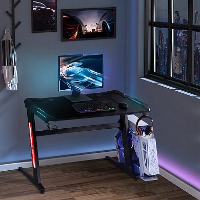 47" Z-shaped Computer Office Gaming Desk W/ Led Lighting Strips & Headphone Hook